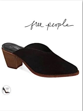 FREE PEOPLE Anya Black Suede Pointed Toe Western Chunky Heel Mules Cowboy Shoes